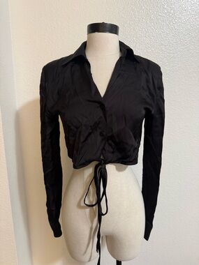 Zara Black Tie-Front Button Down Shirt